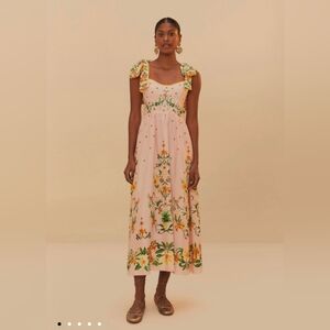 NWT FARM Rio Pink Botanical Beauty Shoulder Bow Midi Dress